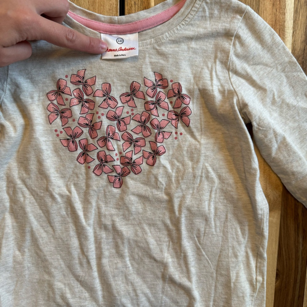 Hanna Andersson Girls Long Sleeve Heart Bow Graphic Tee Oatmeal Pink Size‎ 110 5